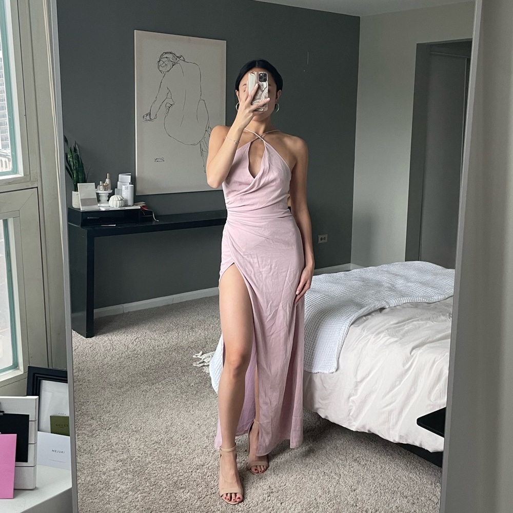 Superdown pink crossover high slit below back backless maxi dress prom gown